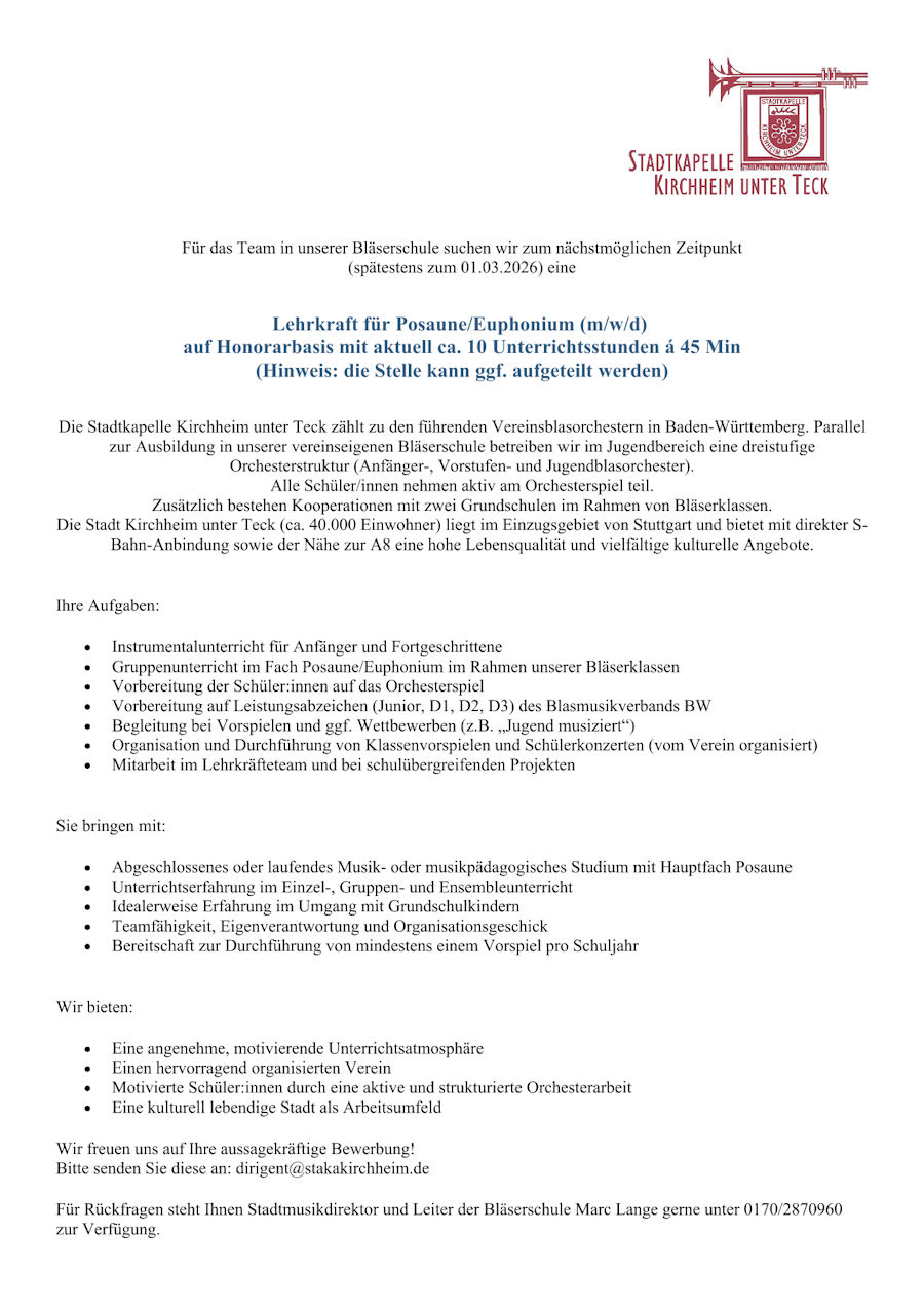 Stellenausschreibung Lehrkraft für Posaune und Euphonium